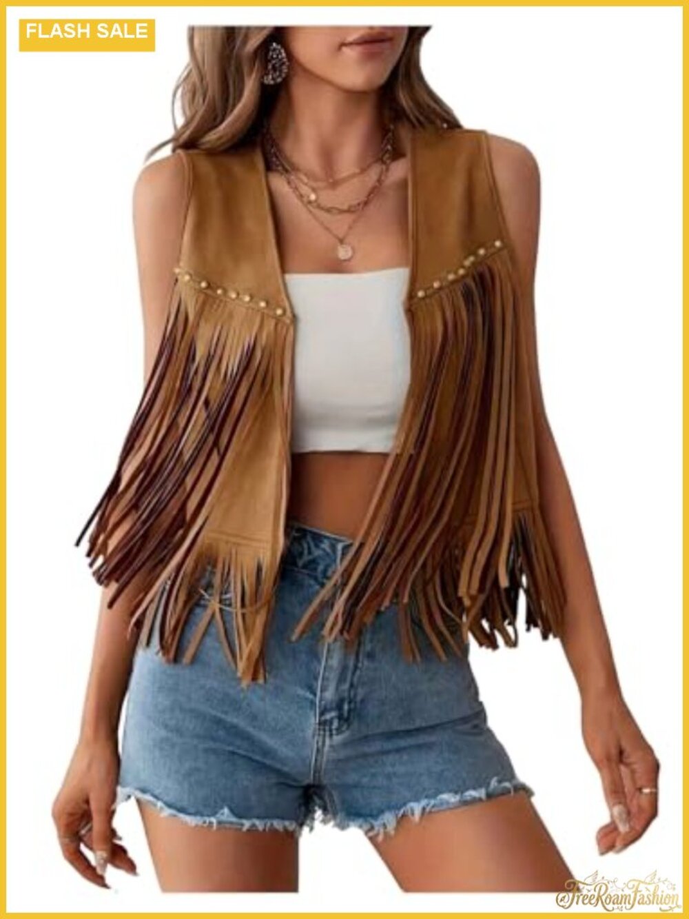 Women's Faux Suede Fringe Vest Sleeveless Cowgirl Hippie Cropped Jacket